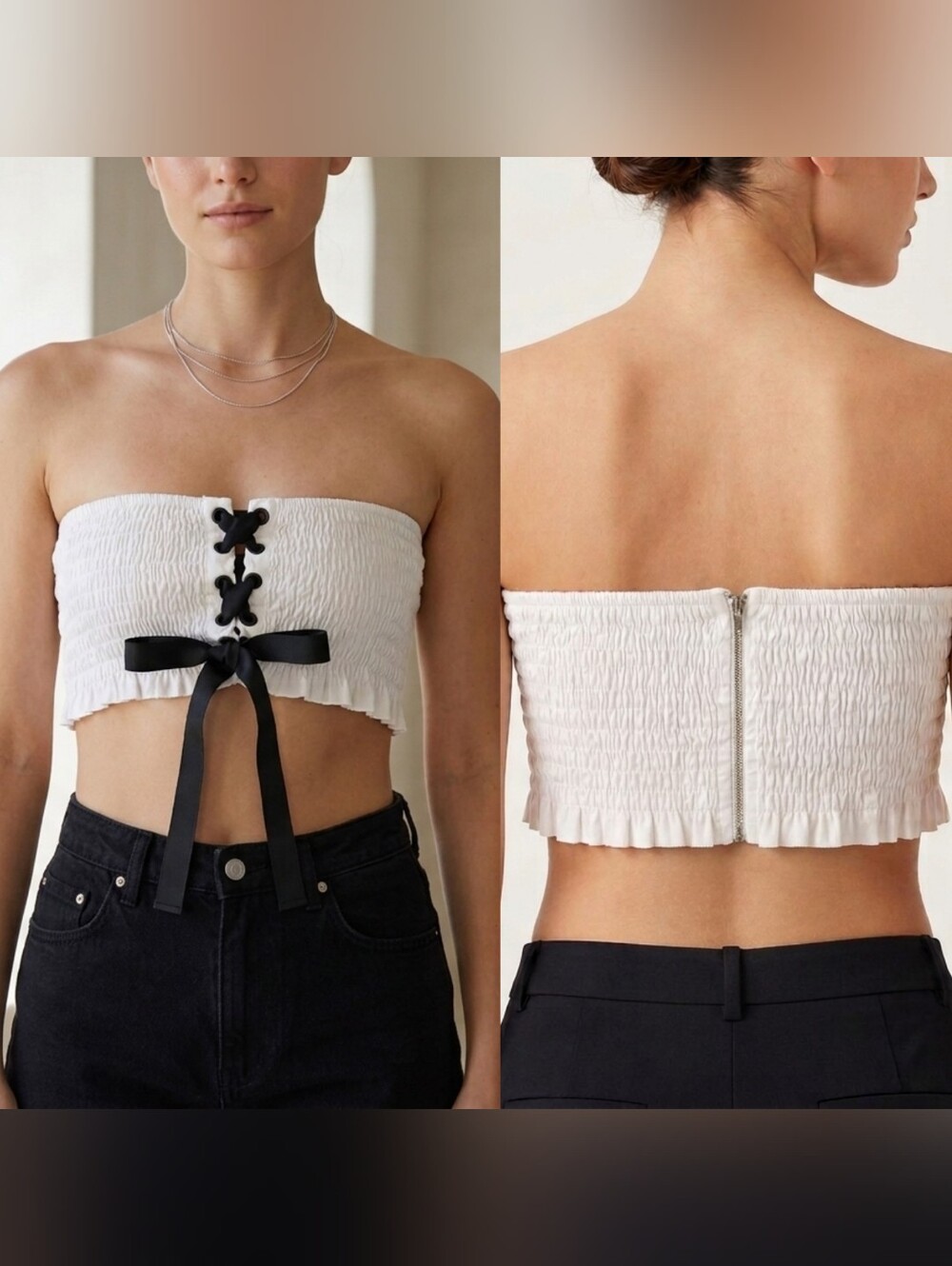 Essue White Smocked Lace-Up Tube Top Tube Crop Top Size M Coquette